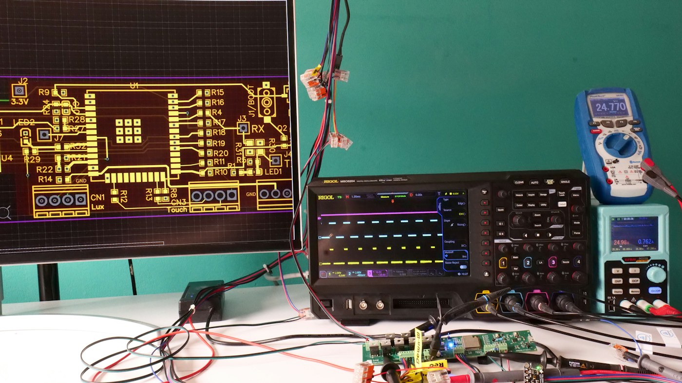 Electronics workbench with circuit design, oscilloscope and test instruments