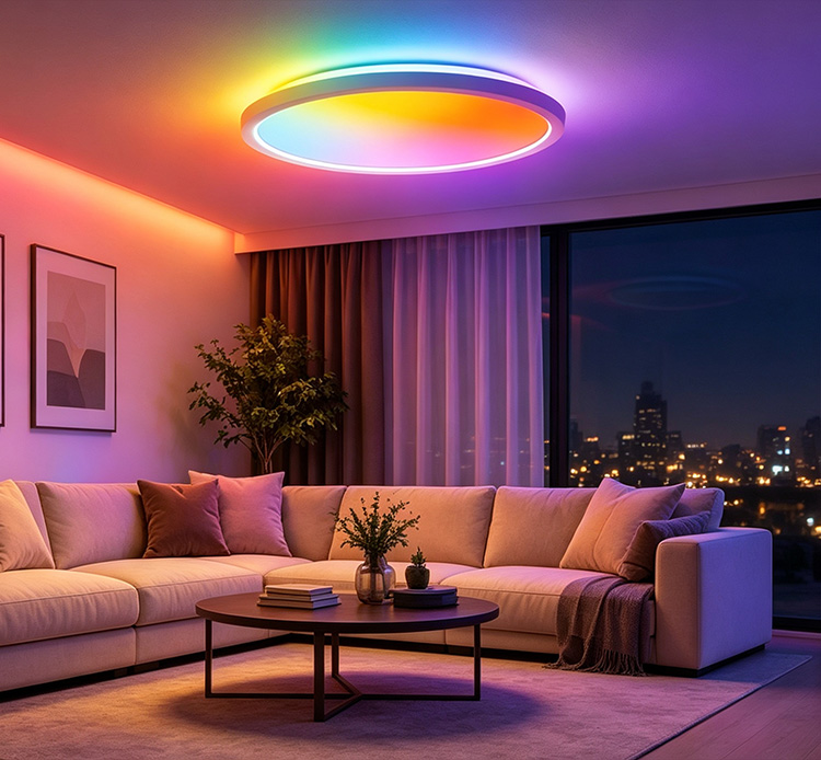 Color ambient smart ceiling light in a modern living room